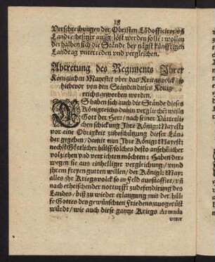 18-19, Abtretung des Regiments Ihrer Königlichen Mayestet ober das Kriegsvolck, so hiebevor von den Ständen dieses Königreichs geworben worden.