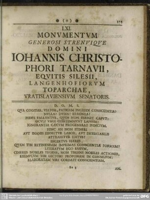 LXI. Monumentum Generosi Strenuique Domini Iohannis Christophori Tarnavii, Equitis Silesii, Langenhofiorum Toparchae, Vratislaviensium Senatoris