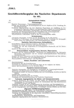 Anlage 2. Geschäftsverteilungsplan des Nautischen Departements für 1911.