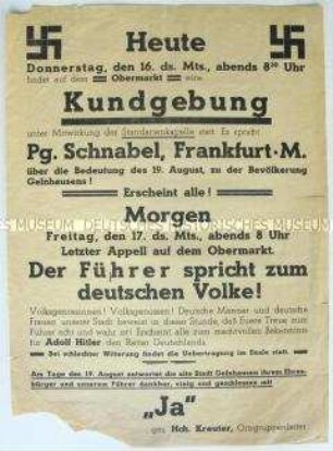 Flugblatt mit dem Aufruf zu einer Kundgebung mit der Rundfunkübertragung einer Hitler-Rede