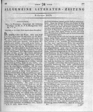 Baumgarten-Crusius, L. F. O.: Grundzüge der biblischen Theologie. Jena: Frommann 1828 (Beschluss der im vorigen Stück abgebrochenen Recension.)