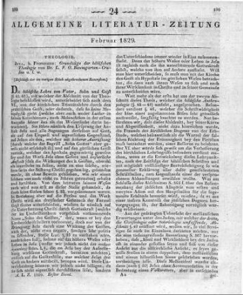 Baumgarten-Crusius, L. F. O.: Grundzüge der biblischen Theologie. Jena: Frommann 1828 (Beschluss der im vorigen Stück abgebrochenen Recension.)