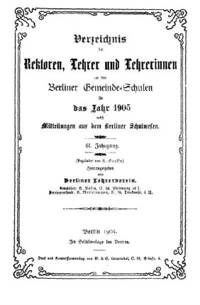 61: Verzeichnis der Rektoren, Lehrer und Lehrerinnen an den Berliner Gemeindeschulen - 61.1905