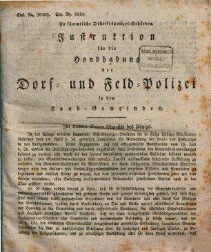 Instruktion für die Handhabung der Dorf- und Feld-Polizei in den Land-Gemeinden