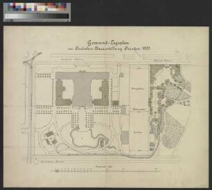 Gesamt-Lageplan der Deutschen Bauausstellung Dresden, 1:1 000, 1900 : Gesammt-Lageplan der Deutschen Bauaustellung Dresden 1900. - 1:1 000. - [S.l.] , 1900. - 1 Kunstbl. : Zweifarbendruck ; 64 x 51 cm