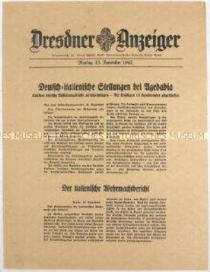 Nachrichtenblatt "Dresdner Anzeiger" mit Meldungen des Oberkommandos der Wehrmacht und des italienischen Oberkommandos u.a. zum Kriegsgeschehen an der Ostfront und in Nordafrika