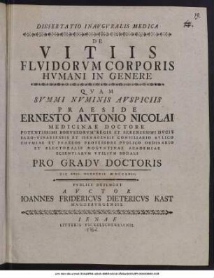 Dissertatio Inauguralis Medica De Vitiis Fluidorum Corporis Humani In Genere