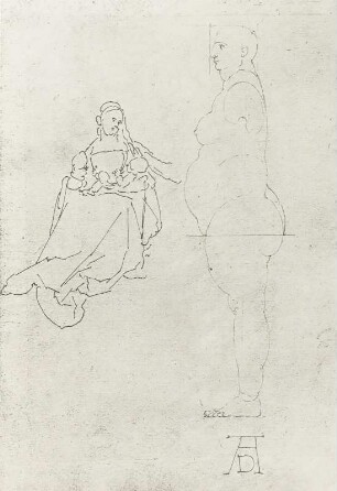 Sitzende Madonna mit Kind und dicke Frau seitlich : Dresdner Skizzenbuch (1507/1528). Sitzende Madonna mit Kind und dicke Frau seitlich (um 1508, aus: R. Bruck: Das Skizzenbuch von Albrecht Dürer, Straßburg 1905, Tafel 80, Blatt 170 b, Str. 20, Kriegsverlust). Dresden: SLUB Mscr.Dresd.R.147.f