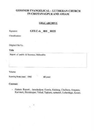 Report of Padris & Secretary, Mahasabha