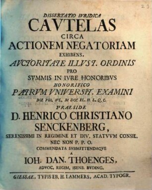 Dissertatio Ivridica Cavtelas Circa Actionem Negatoriam Exhibens