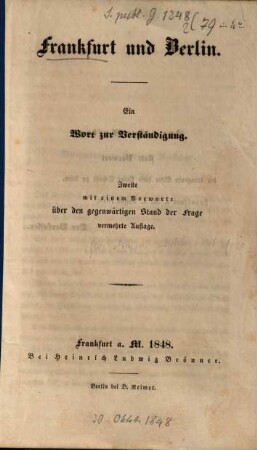 Frankfurt und Berlin : ein Wort zur Verständigung