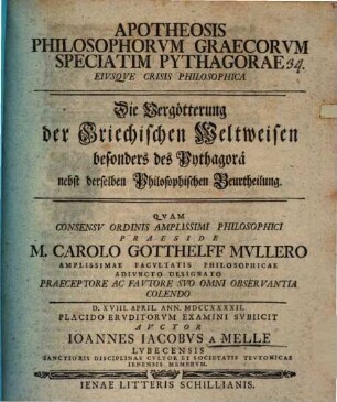 Apotheosis philosophorum Graecorum, speciatim Pythagorae, eiusque crisis philosophica