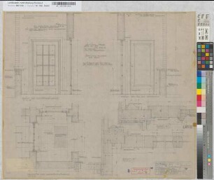 Wiederaufbau des Empfangsgebäudes [Bahnhof] Oberhausen-Sterkrade, Blatt~39: Gaststätteneingang: Ansicht, Grundriß, Details, M.~1:10 und M.~1:1 Hge, Sknr.: 2, Fanr.: 7, Bunr.: 49