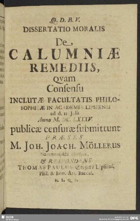 Dissertatio Moralis De Calumniae Remediis