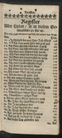 Register Aller Lieder/ so in diesem Gesangbuche zu finden.