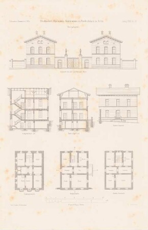 Städtisches Allgemeines Krankenhaus, Berlin-Friedrichshain: Grundrisse, Ansichten, Schnitte Torgebäude (aus: Atlas zur Zeitschrift für Bauwesen, hrsg. v. F. Endell, Jg. 26, 1876)