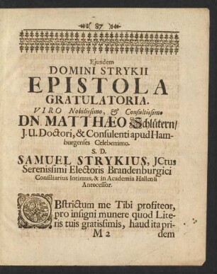 Eiusdem Domini Strykii Epistola Gratulatoria.