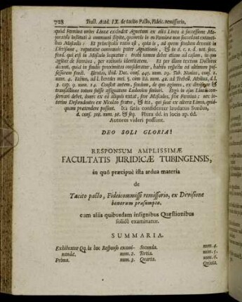 Responsum [...] de Tacito pacto, Fideicommissi remissorio, ex Divisione bonorum præsumpto.