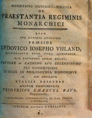 Diss. hist.-polit. de praestantia regiminis monarchici