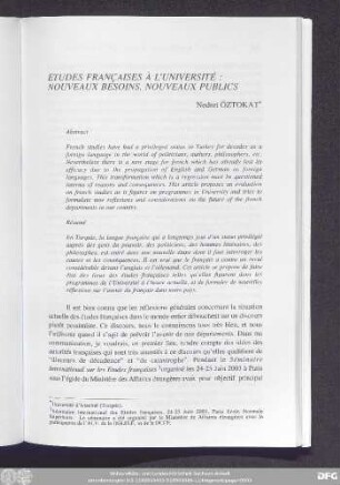 Etudes Françaises À L'Université: Nouveaux Besoins, Nouveaux Publics Nedret Öztokat