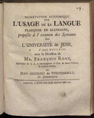 Dissertation Academique Sur L'Usage De La Langue Françoise En Allemagne