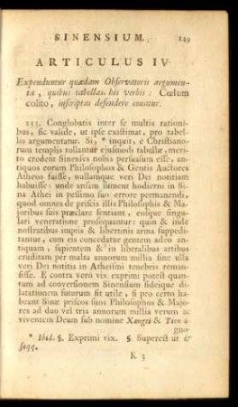Articulus IV. Expenduntur quaedam observatoris argumenta, quibus tabellas his verbis: Coelum colito, inscriptas defendere conatur.