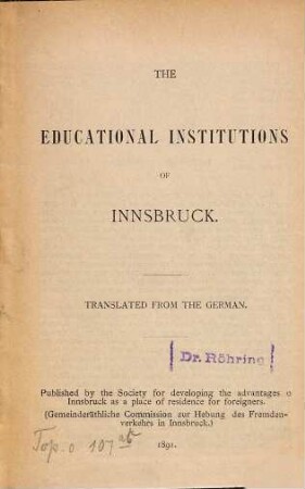 The Educational Institution of Innsbruck : Translated from the German