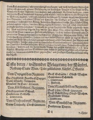 Lista deren/ währender Belagerung der Käyserl. Residentz-Stadt Wien/ Todt-gebliebenen Käyserl. Officiers.