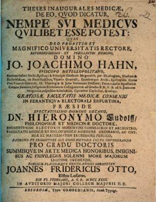 Theses Inaugurales Medicae, De Eo, Qvod Dicatur, Nempe Svi Medicvs Qvilibet Esse Potest