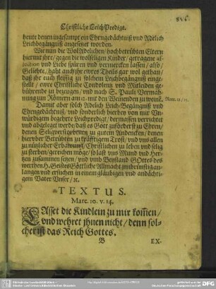 Leichenpredigt : Christliche LeichPredigt. Textus. Exordium. Propositio. Tractatio