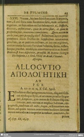 Allocutio AΠOΛOΓΗTIKΗ Ad I C R A. CIƆ IƆ IƆ CC IX, X Cal. April