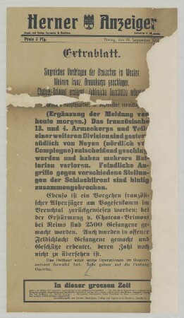 "Siegreiches Vordringen der Deutschen im Westen. Mehrere franz. Armeekorps geschlagen."