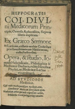 Hippocratis Coi Oracula Aphoristica, septem libris explicata