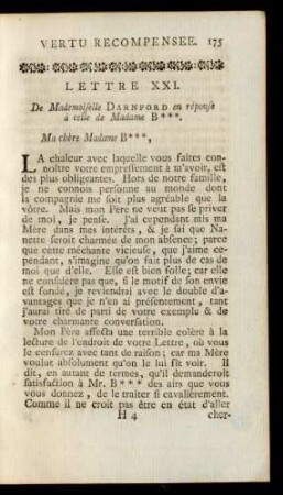 Lettre XXI. De Mademoiselle Darnford en réponse à celle de Madame B***.