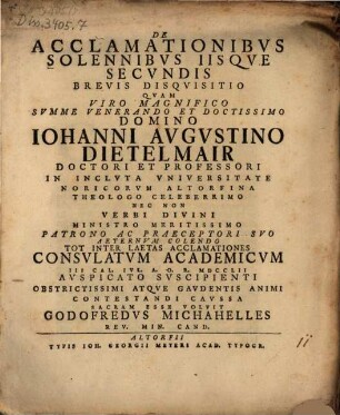 De acclamationibus solennibus iisque secundis brevis disquisitio