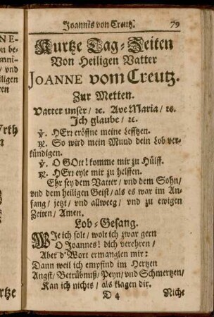 Kurtze Tag-Zeiten Von Heiligen Vatter Joanne vom Creutz.