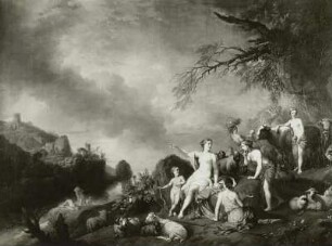 Hirtenmädchen in einer felsigen Gebirgslandschaft