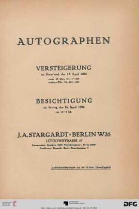 Autographen : Versteigerung am 17. April 1926 (Katalog Nr. 258)