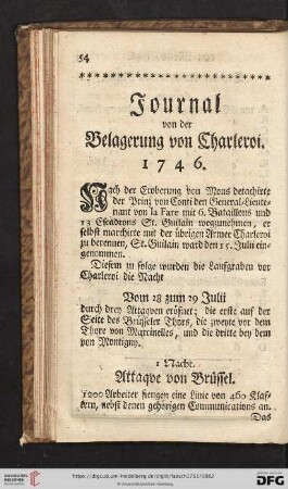 Journal von der Belagerung von Charleroi, 1746