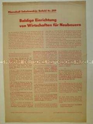 Maueranschlag mit Befehl Sokolowskijs Nr. 209 zur Einrichtung von Wirtschaften für Neubauern
