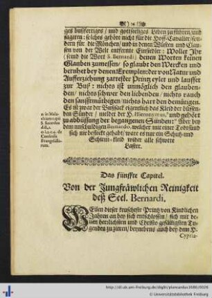 Das fünffte Capitel. Von der Jungfräwlichen Reinigkeit deß Seel. Bernardi.