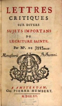 Lettres critiques sur divers sujets importants de l'écriture sainte