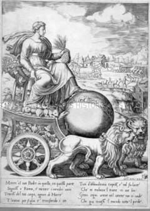 Monats- und Tierkreiszeichendarstellung (allegorische Figur in einer von Löwen gezogenen Kutsche)