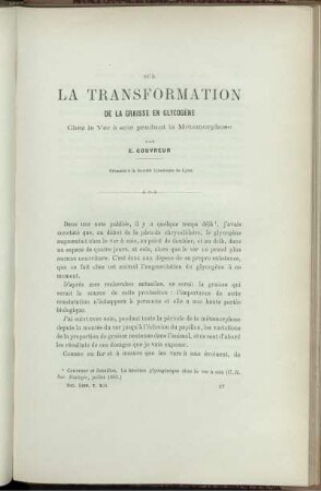 Sur La Transformation De La Graisse En Glycogène Chez le Ver à soie pendant la Métamorphose