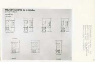 Touristenhotel, Korfu-Kerkyra (Diplomarbeit bei Peter Poelzig): Hauptgebäude, Zimmertypen, Grundrisse 1:50