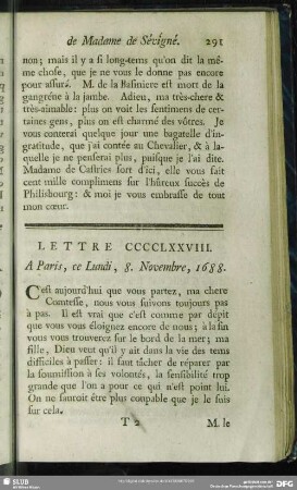Lettre CCCCLXXVIII. A Paris, ce Lundi, 8. Novembre, 1688