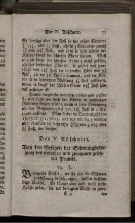 Der V. Abschnitt. Von den Gesetzen der Schwungbewegung des einfachen und zusammen gesetzten Pendels