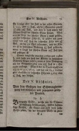 Der V. Abschnitt. Von den Gesetzen der Schwungbewegung des einfachen und zusammen gesetzten Pendels