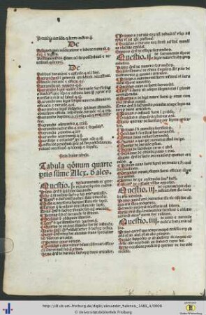 Tabula Questionum quarte partis summe Alexander de alensis.