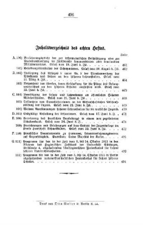 Inhaltsverzeichnis des achten Heftes